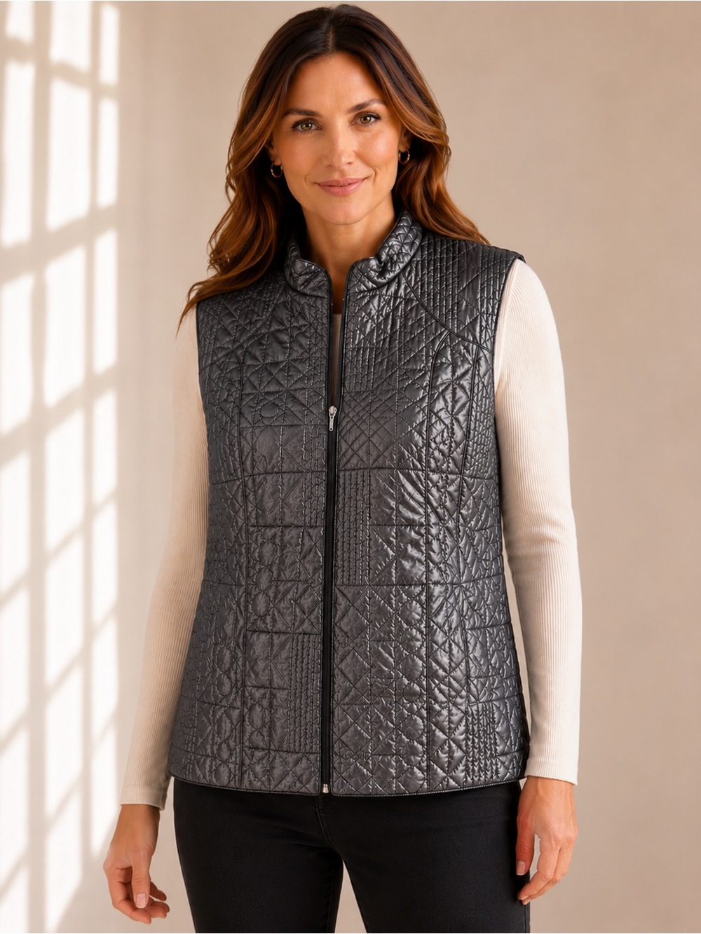 Conrad C Collection Metallic Quilted Vest Womens 10 Pewter Gray Zip Front